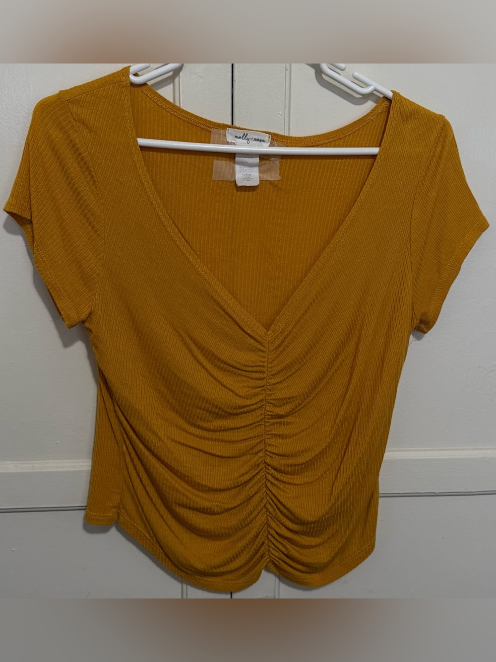 Mustard V-Neck Ruched Short Sleeve Top